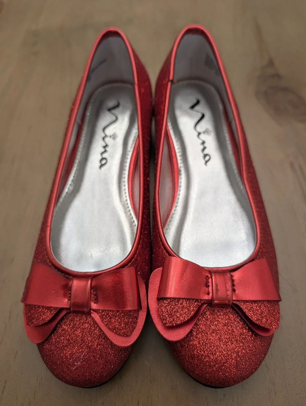 Nina Red Glitter Bow Ballerina Flats Little Girl Size 3 NWOT Never Worn
